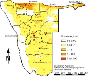 Map of population density in Namibia